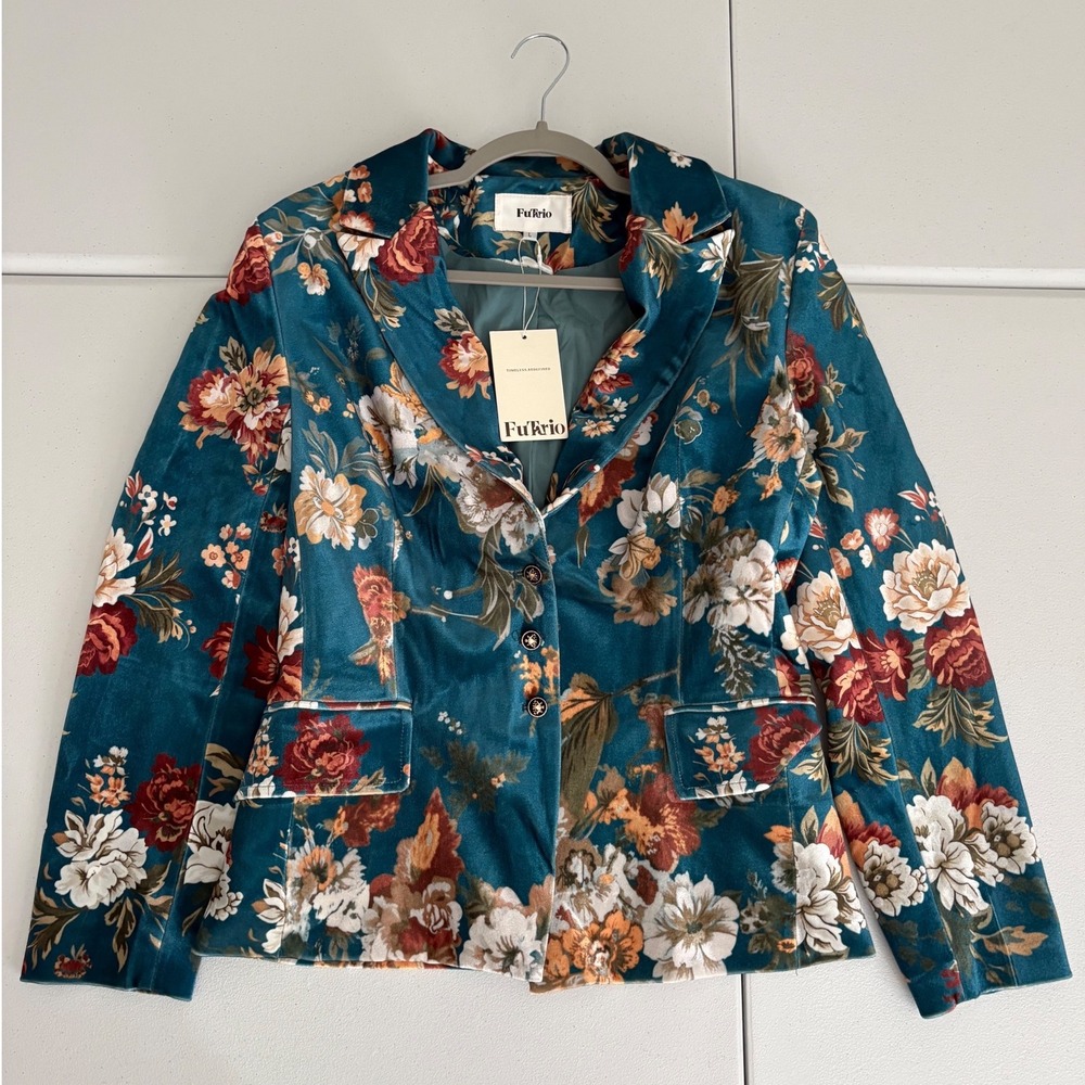 Futario Teal Floral Velvet Blazer Jacket Vintage Magnolia Style Cottagecore a5